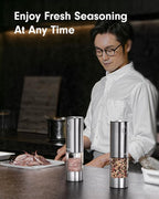 Upgraded Larger Capacity Electric Salt and Pepper Grinder Set Rechargeable with LED lights, Stainless Steel Automatic Pepper and Salt Grinder Refillable with 5 Adjustable Coarseness