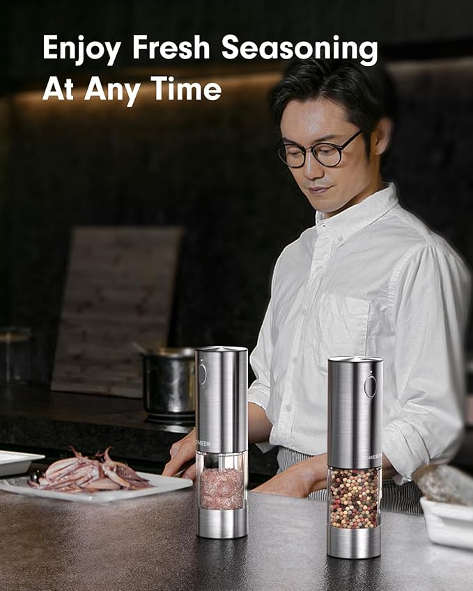 Upgraded Larger Capacity Electric Salt and Pepper Grinder Set Rechargeable with LED lights, Stainless Steel Automatic Pepper and Salt Grinder Refillable with 5 Adjustable Coarseness