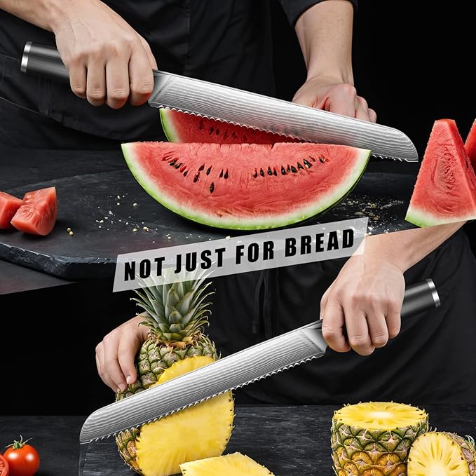 Bread Knife for Homemade Bread, 10 Inch Multifunction Serrated Knife, Razor Sharp Slicer, Forged High Carbon Steel, Full Tang Ergonomic Handle Design for Sourdough Turkey Fruit
