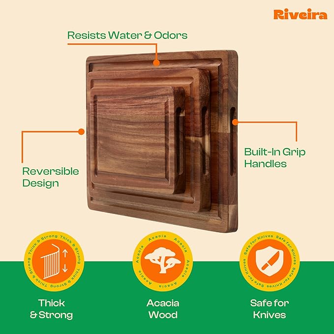 Riveira Acacia Wood Cutting Board – Versatile and Durable: Set Of 3 Pcs Rectangular Wooden Cutting Board – Natural Wooden Cutting Boards For Kitchen – Complete Acacia Wooden Chopping Board