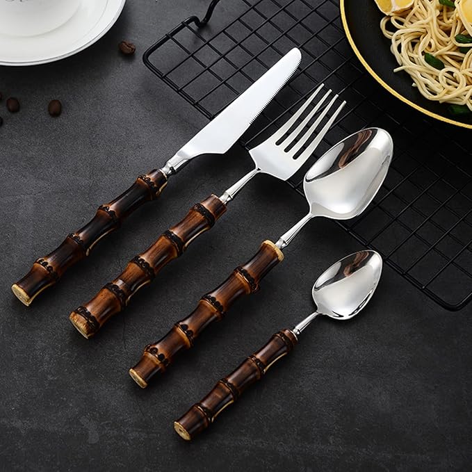 Wood Bamboo Silverware Set for 16 Cutlery Flatware Set Elegant Tableware Stainless Steel Cutlery Utensil Sets for Home Kitchen Restaurant Wooden Handle Dishwasher Safe 64 Pieces