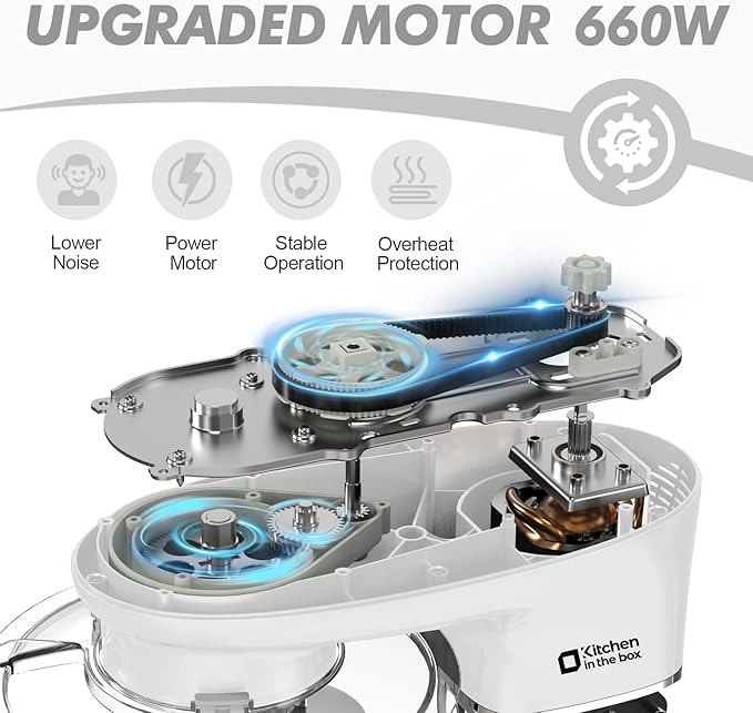 Kitchen in the box Stand Mixer, 6.5QT 660W Kitchen Electric Mixer, 6-Speed Tilt-Head Food Mixer with Dough Hook, Wire Whip, Beater, Dishwasher Safe (White)