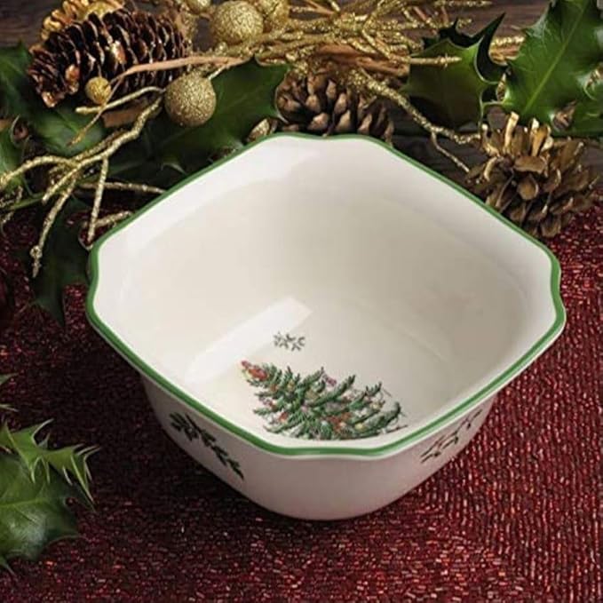 Spode Christmas Tree 5.5-Inch Square Porcelain Bowl - Serving Bowl for Candies, Nuts, Desserts, and Small Floral Arrangements - Festive Holiday Tableware, Dishwasher and Microwave Safe