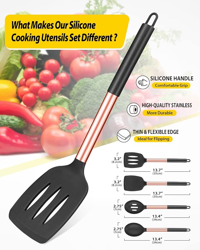 Pack of 4 Silicone Cooking Utensils Set, Non Stick Large Solid Spatulas, Heat Resistant Rose Gold Black Slotted Spoons, Ideal BPA Free Kitchen Turners for Frying, Mixing,Serving,Draining,Turning
