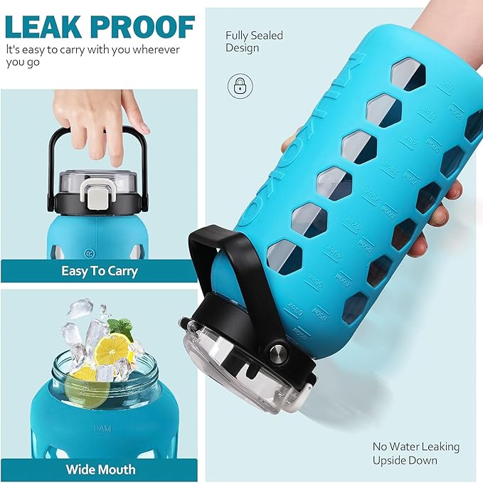 MUKOKO Half Gallon/64 oz Glass Water Bottles with Straw and Lid,Motivational Water Jug with Time Marker Reminder and Silicone Sleeve,100% Leakproof BPA Free Fitness Sports Large Bottle-Teal