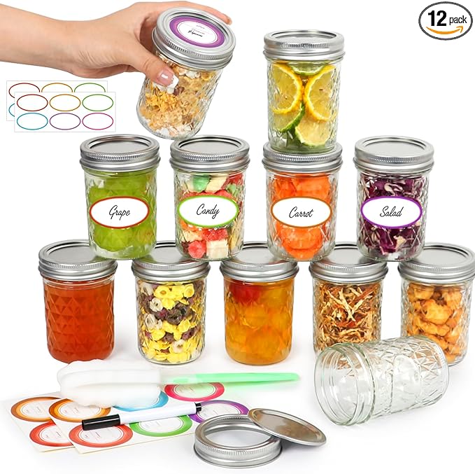 Mason Jars 8 oz with Lids&Bands 12Pack, Small Canning Jars 8 oz - Glass Jars with Lids for Oats/Jelly/Jams/Crafts/Candles