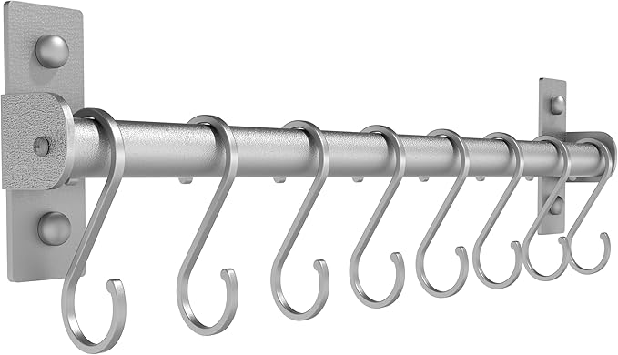 Dseap Kitchen Utensil Holder Hanger, Pot and Pan Rack Wall Mounted, Kitchen Rail with 8 Hooks for Hanging Cooking Utensils, Mugs, Spoons, Wall Mounted, Silver