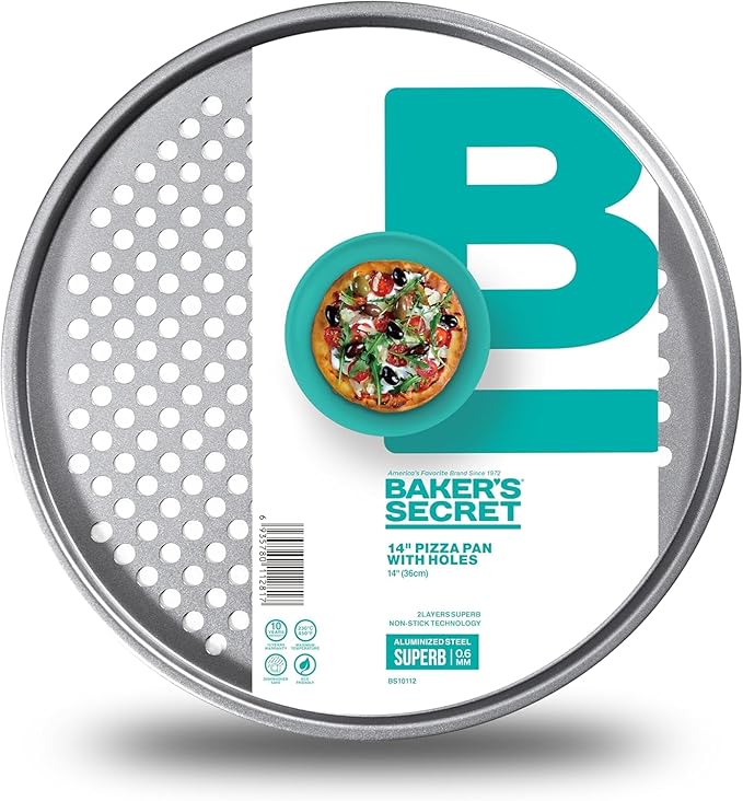 Baker's Secret Pizza Pans for Oven, Aluminized Steel Pizza Baking Pan, 2 Layers Non-stick Coating Easy Release, Dishwasher Safe - The Superb Collection (1x Pizza pan & Crisper set)