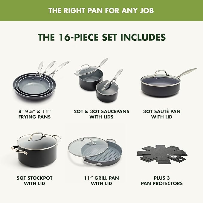 GreenPan 16 Piece Valencia Pro Ceramic Nonstick Cookware Set, PFAS-Free, Induction Ready, Hard Anodized Pots & Pans with Lids, Compatible on All Cooktops, Dishwasher & Oven Safe, Gray