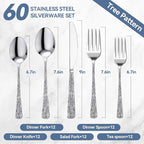 Yoehka 60-Piece Hammered Silverware Set for 12, Stainless Steel Flatware Set with Tree Pattern Handles, Mirror Polished Cutlery/Utensils Set for Home, Restaurant, Hotel, Dishwasher safe