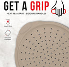 Non-Stick Pizza Pan with Silicone Handle 1 Pack, 13 Inch Round Carbon Steel Tray with Perforated Holes, Dishwasher & Oven Safe Up To 450°F, PFOAPFOSPTFE Free, Durable Nonstick White Marble Coating