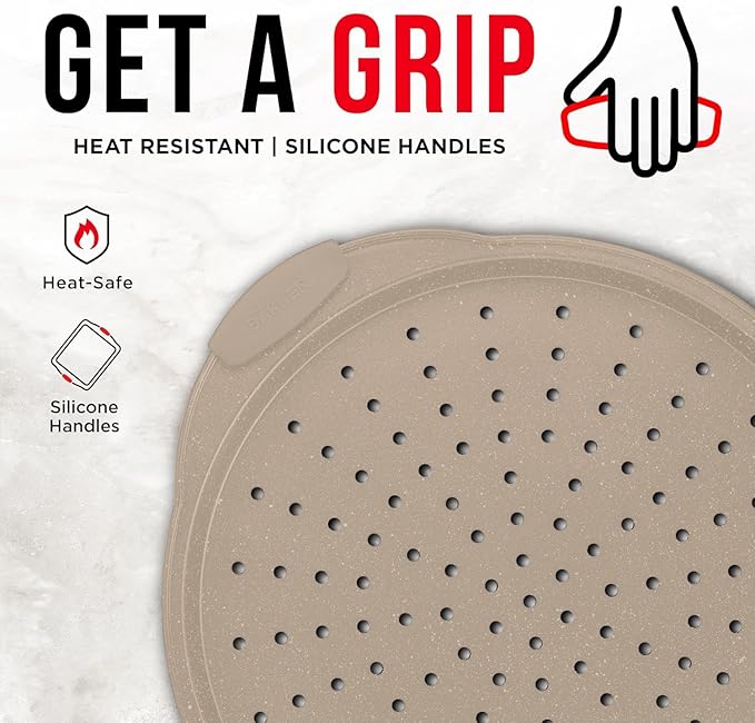 Non-Stick Pizza Pan with Silicone Handle 1 Pack, 13 Inch Round Carbon Steel Tray with Perforated Holes, Dishwasher & Oven Safe Up To 450°F, PFOAPFOSPTFE Free, Durable Nonstick White Marble Coating