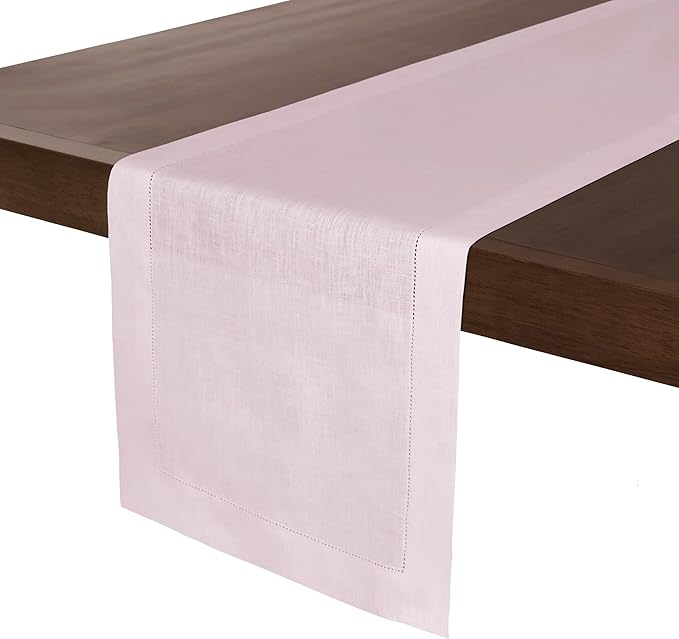 D'Moksha Homes Linen Pastel Pink Table Runner 108 Inches Long - 100% Pure Linen 14 x 108 Inch Table Runner for Summer, Fall and Halloween - Classic Hemstitch