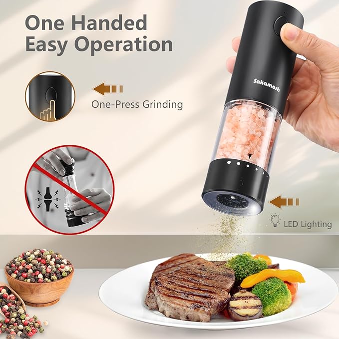 Electric Black Salt and Pepper Set with base, Rechargeable 6 External Adjustable Coarseness Automatic Pepper Mill Shakers, 95ml Large Capacity, One-Handed Operation 2 Pack