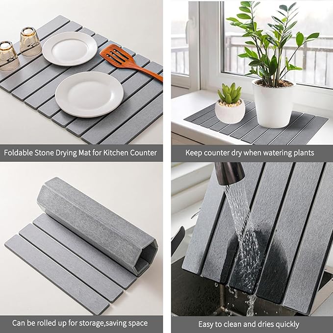 Stone Drying Mat for Kitchen Counter, Stone Dish Drying Mat Foldable, Super Absorbent Diatomaceous Earth Quick-drying Draining Mat for any Kitchen Countertop (Medium Gray B, 23.6”x15.4”)