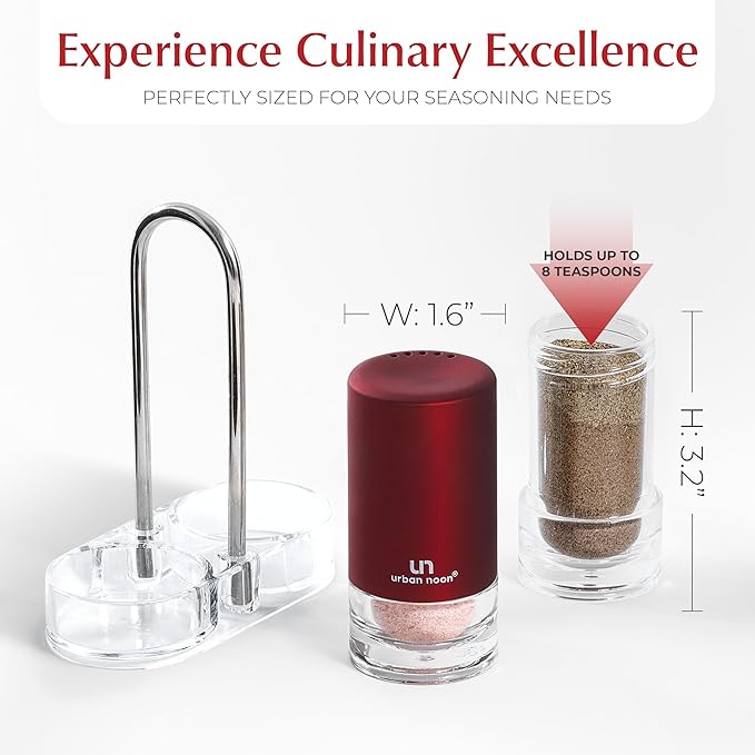 Signature Red Burgundy Salt and Pepper Shakers with Holder - Elegant Stainless Steel Salt Shaker and Pepper Shaker Set with Acrylic Holder for Kitchen Counter or Restaurant Table (2-Piece Set)