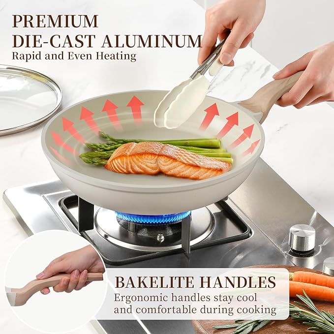 Kikcoin 16Pcs Pots and Pans Set Nonstick Ceramic Cookware Sets Induction Kitchen Cooking Set Non toxic Healthy Non Stick w/Grill Pan,Saute Pan, Ceramic White