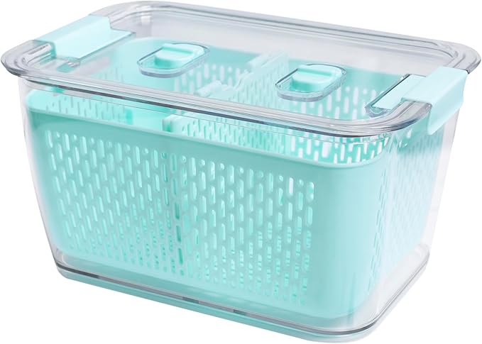 Kitchen Spaces Colander Bin, Produce Saver, Fridge Organizer With Lid, Wash, Strain and Store, Great for Refrigerator, Freezer and Pantry, Large, Mint Green, Pack of 1