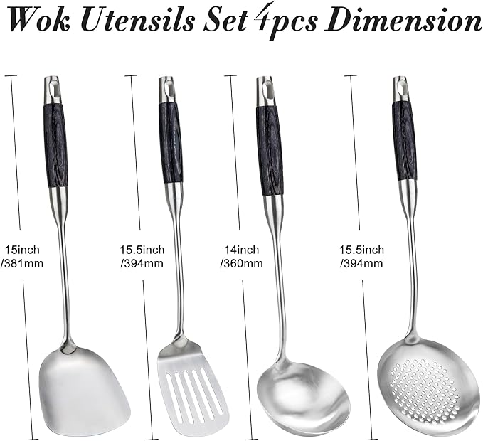 FJNATINH Wok Spatula Set Large Spatula Slotted Turner Soup Ladle Slotted Spoon for Cooking Utensils Set Long Wooden Handle Ladles Kitchen Metal Spatula Cooking Spoons,4PCS