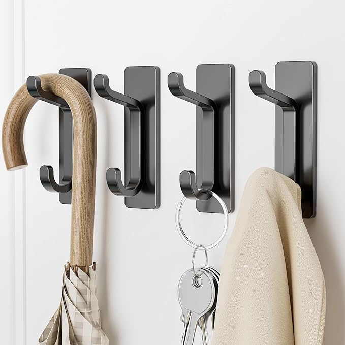 Self Adhesive Wall Hooks for Hanging: Extra Strong 13 LB, Hook for Coat, Towel in Bathrooms, Shower, Kitchen, Wall, Door Hook, Black 12 Pack
