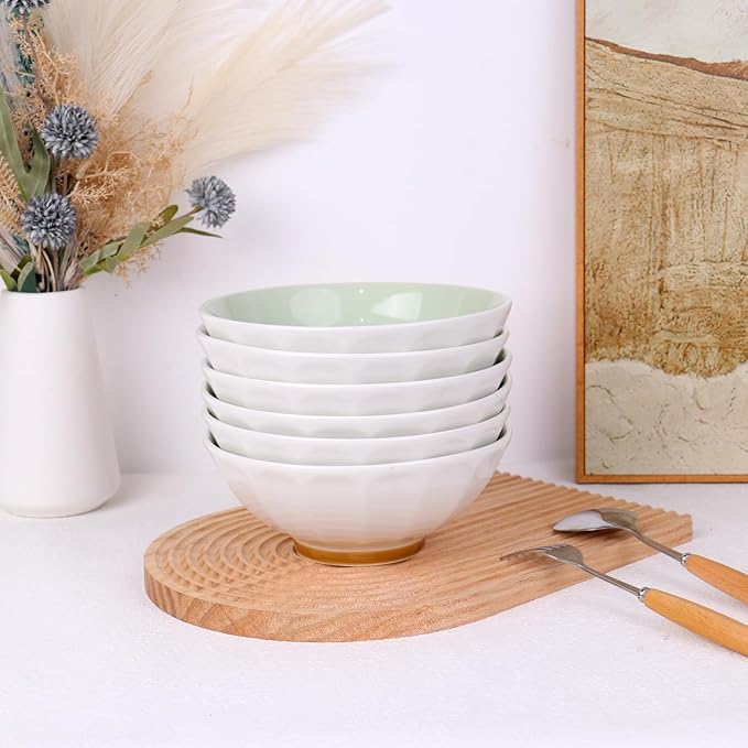 Large Pasta Bowls Set of 6, 29 oz Green Porcelain 7 inch, Microwave Oven Dishwasher Safe for Salad Soup