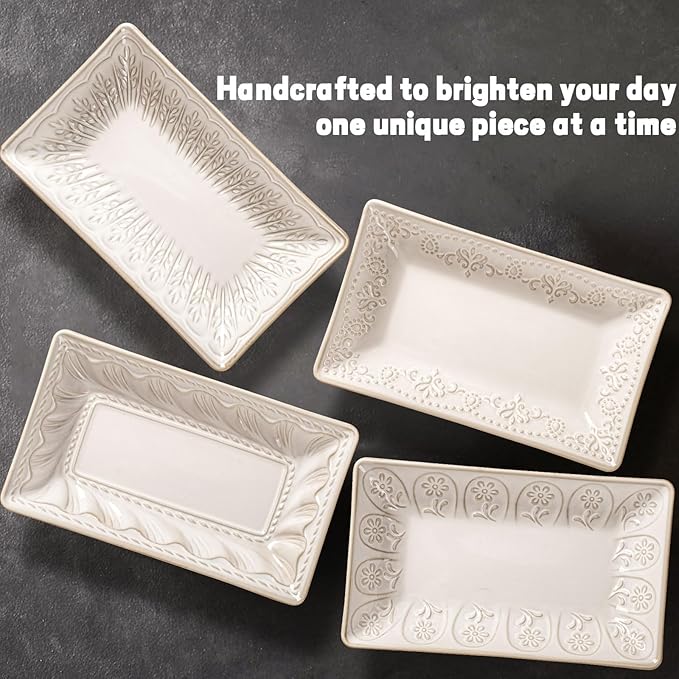 Artena Ceramic Pasta Bowls Set of 4-9.85 Inch Large Salad Bowls, 25 oz Serving Bowls for Soup, Dinner & Party - Embossed Microwave Safe Kitchen Dishes, Rectangle Plates (Multiple Patterns)