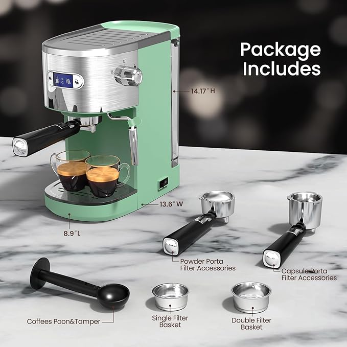 Espresso Machine 20 Bar, Professional Stainless Steel Coffee Maker with LCD Display, Steam Wand, 45oz Removable Water Tank, for Espresso, Cappuccino, Latte at Home or Office, Green