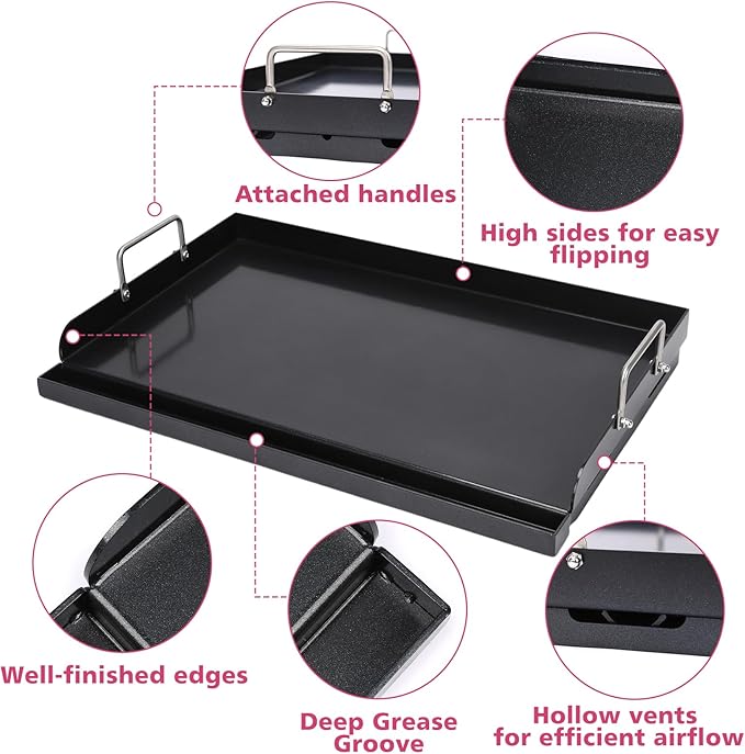 Universal 25" x 16" Nano-Ceramic Nonstick Coating Grill Griddle for Gas Grill, Cast Iron Griddle for Charcoal, Gas Grills, Camping, Flat Top Plate Insert with Grease Groove and Removable Handles