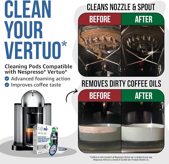 Caffenu Cleaning Pods Compatible with Nespresso Vertuo. 4 Cleaner Capsules. For Improved Coffee Flavor and Crisp Coffee. Use with Descaling Kit