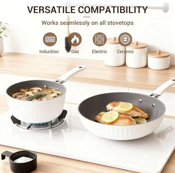 Ammeloo 15-Piece Ribbed Ceramic Cookware Set, Pots and Pans Set Non Stick, Induction Ready, Healthy Non Toxic Kitchen Cooking Set PFAS/PFOA/PTFE-Free, Silicone-wrapped Stay-Cool Handle