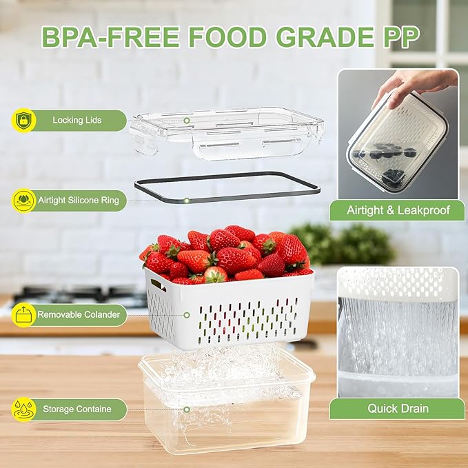 Large Fruit Containers for Fridge, Airtight Food Storage Containers with Removable Colander, Dishwasher and Microwave Safe, Berry Produce Container Keep Fruits, Vegetables, Meat Fresh Longer, 6 Pcs