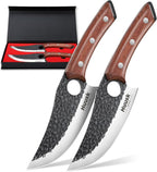 Huusk Viking Knife Set of 2, Japanese Butcher Knife Set for Meat Cutting, Hand Forged Boning Knives with Wood Handle, High Carbon Steel Japanese Knives for Camping, BBQ, Father's Day Gifts for Dad