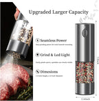 Electric Salt and Pepper Grinder Set, Upgraded Larger Capacity Stainless Steel Automatic Salt and Pepper Mill Set Refillable with 5 Adjustable Coarseness Stainless Steel Color Shaker