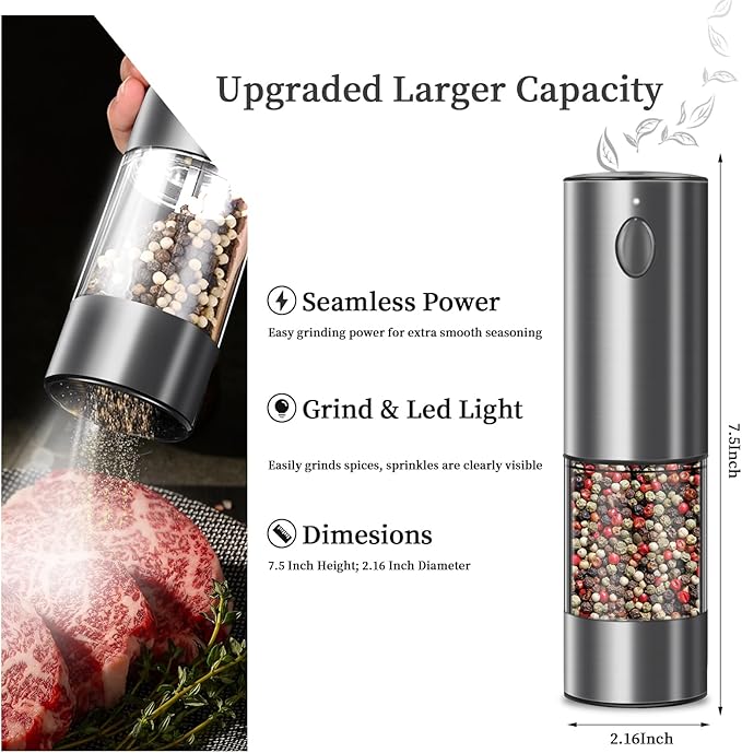Electric Salt and Pepper Grinder Set, Upgraded Larger Capacity Stainless Steel Automatic Salt and Pepper Mill Set Refillable with 5 Adjustable Coarseness Stainless Steel Color Shaker