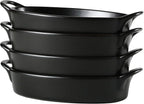 Bruntmor 8" x 5" Oval Porcelain Ceramic Deep Dish Pie Pan Set of 4, Double Handle Au Gratin Baking Dishes, Oven Safe Roasting Lasagna Pan For kitchen- Black