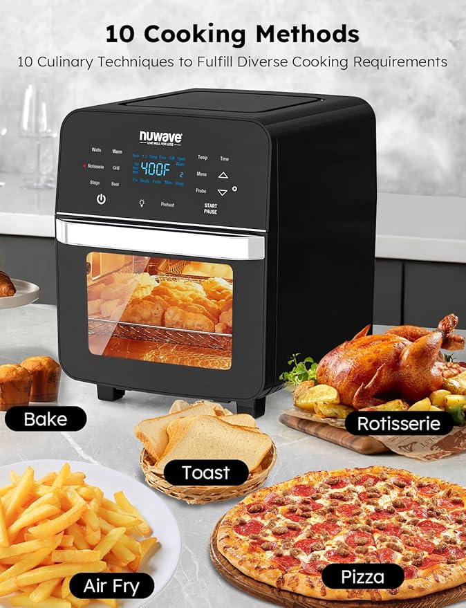 Nuwave Brio Air Fryer Oven, 15.5Qt X-Large Family Size, SS Rotisserie Basket &-Skewer Kit, Powerful 1800W, 50F-425F Temp Controls, Integrated Smart Thermometer