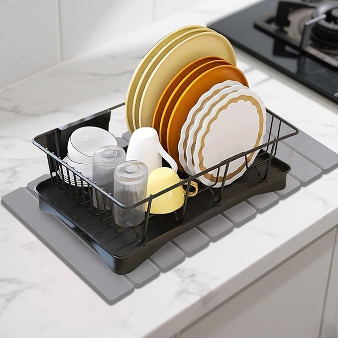 Hopegiver Stone Drying Mat for Kitchen Counter, 23.62"x15.35" Quick Dry Collapsible Mat Kitchen, Gray Absorbent Diatomaceous Earth Dish Drying Mat for Countertops, Sink, Bathroom, with Sanding Sponge