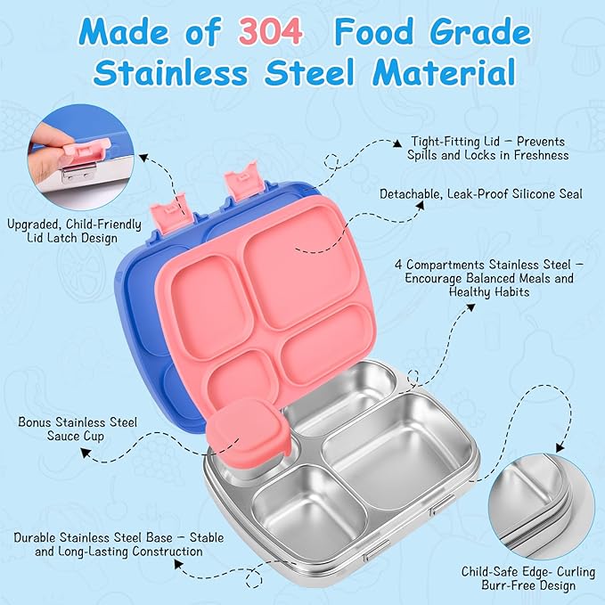 Stainless Steel Bento Box for Kids, Leak-Proof Stainless Steel Lunch Box, 4 Compartments, BPA-Free, Drop-Resistant, with Spoon & Fork, for School & Daycare (Blue Pink Mix)