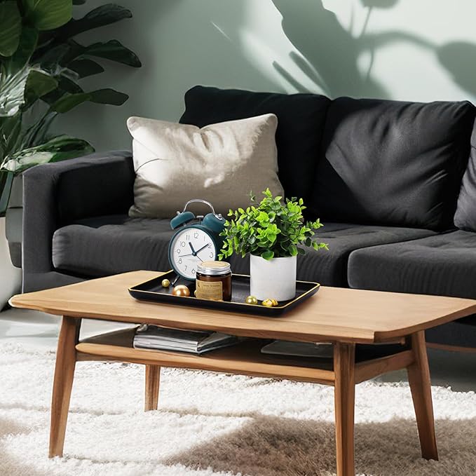 Rtteri Set of 4 Large Serving Platter Set 15/14/13/12 Inch Heavy Plastic Serving Trays Unbreakable Rectangular Platter Reusable Wood Grain Tray for Buffet Wedding Christmas Party(Black and Gold)