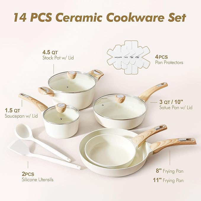 SENSARTE Ceramic Cookware Sets, Pots and Pans Set Non stick, 14-Piece Induction Cookware, Non toxic Healthy Non Stick Kitchen Cooking Set, with Frying Pans Set, PFAS PTFE PFOA PFOS Free