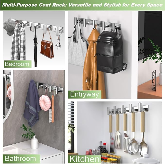 Wall Mounted Coat Rack-5 Hooks, Heavy Duty Stainless Steel Hook Rail for Towel Coat Hat Purse Bag Jacket, Towel Hooks for Entryway Bathroom Kitchen (Silvery 5 Hooks - 1 Pack)
