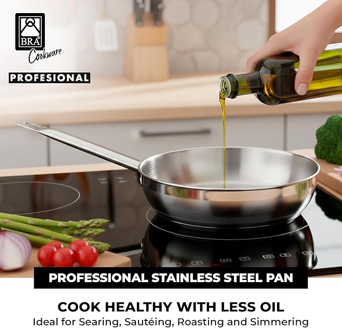 BRA COOKWARE Profesional Frying Pan | 8 inches Professional Skillet | Stainless Steel Pan w/o Non-Stick Coating | All Stovetop Compatible - Full Induction Skillet | 100% FOA Free | Brushed Finish
