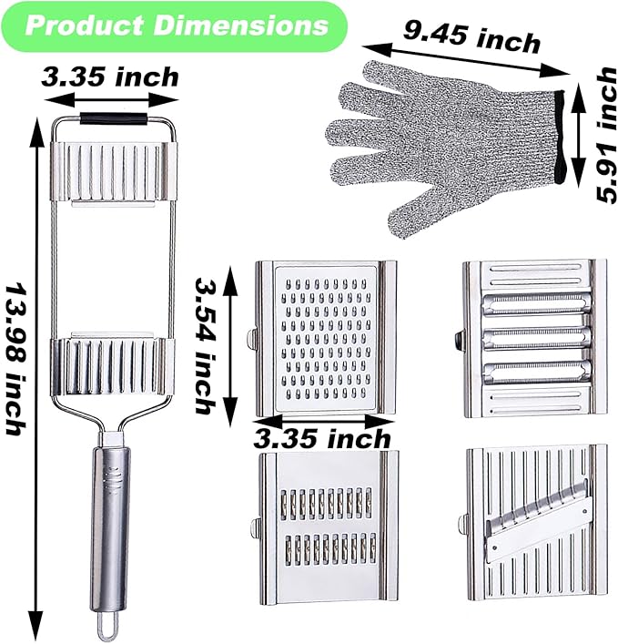 Suuker 4 in 1 Vegetable Cutter with Cheese Grater, Carrot Grater, Cabbage Shredder, Cucumber Slicer - Stainless Steel Mandoline Slicer for Kitchen