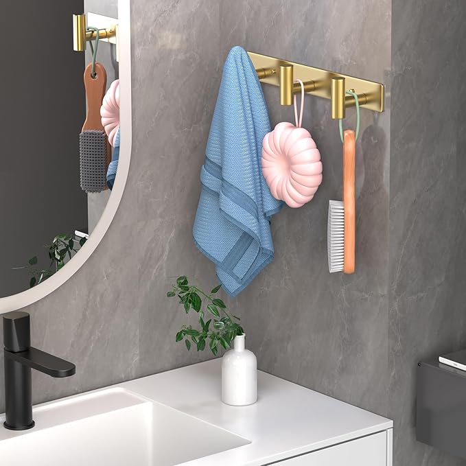Wall Mounted Coat Rack-3 Hooks, Heavy Duty Stainless Steel Hook Rail for Towel Coat Hat Purse Bag Jacket, Towel Hooks for Entryway Bathroom Kitchen (Gold 3 Hooks - 1 Pack)