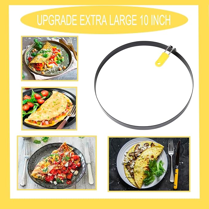 Extra Large 10 Inch Omelette Ring for Griddle, Stainless Steel Pancake Egg Ring With Silicone Handle - Non-Stick Round Creps Crumpet Accessory (2 Packs)