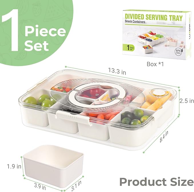 LUXEAR Divided Serving Tray with Lid and Handle Snack Box Charcuterie Container Dishwasher Safe 8 Compartment Snack Platters Portable Clear Organizer for Fruits, Candy, Snacks, Picnic, Travel