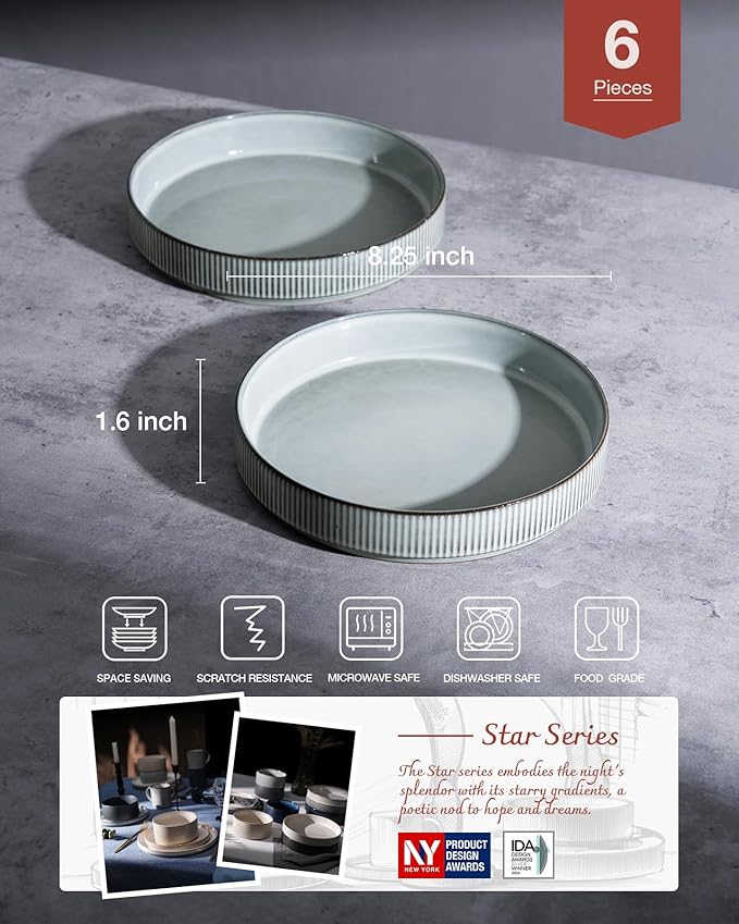 famiware Star 8.25" Pasta Bowls, Large Dinner Bowls Set of 6, Salad Bowl Plates, Shallow Bowls for Eating, Smoky Blue