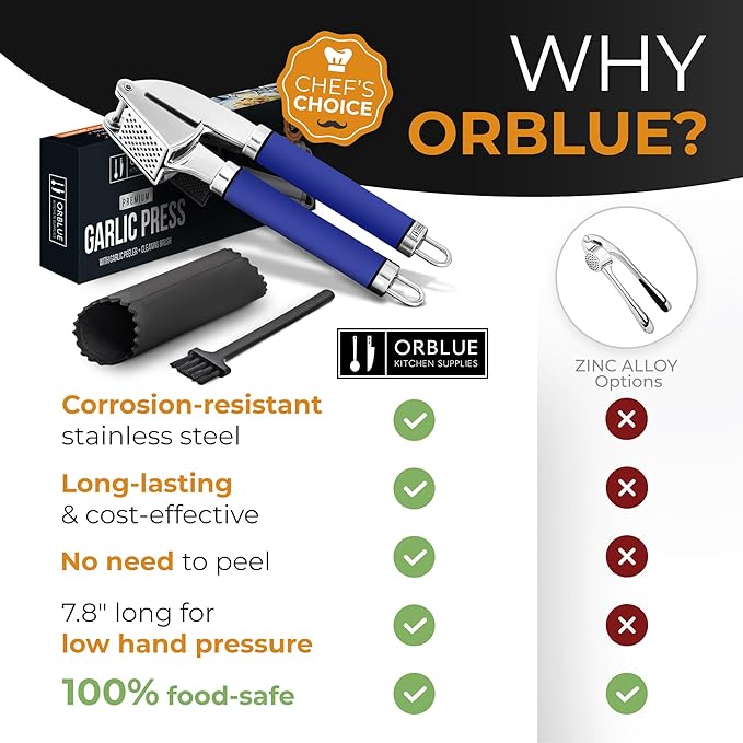 ORBLUE Garlic Press Stainless Steel - Premium Professional Grade Garlic Mincer, Crusher & Peeler Set - Easy Clean, Dishwasher Safe & Rust-proof, Blue