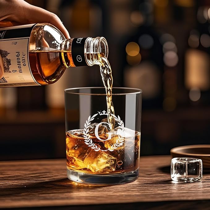 Personalized Whiskey Glasses Gifts for Men, Monogrammed Engraved A-Z 10.6 oz Rocks Glass Customized Gift, Unique Christmas Birthday Gifts for Men Him Dad Husband Brother Son (G)