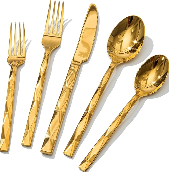 KINGSTONE Gold Silverware Set, Luxury 60 Piece Flatware Set for 12, 18/10 Stainless Steel Cutlery Set with Diamond Cut Pattern for Kitchen, Home, Wedding, Party, Mirror Polished and Dishwasher Safe